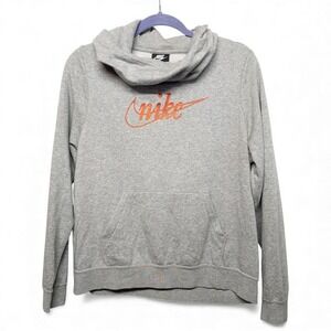 Nike Women's Grey Cowl Neck Long Sleeve Hoodie Pullover Size M Orange Logo